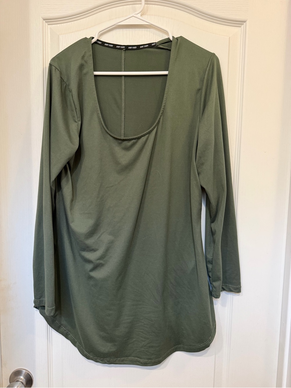 Just Cozy Tunic Top Womens Olive Green Long Sleeve Scoop Neck Stretch High Low
